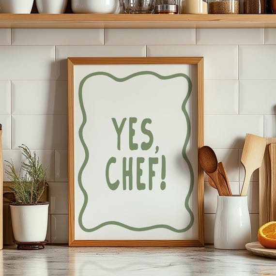 Yes Chef Kitchen Wall Art Funny Decor Cute Trendy Print Quirky Sage Green Gifts For Chefs