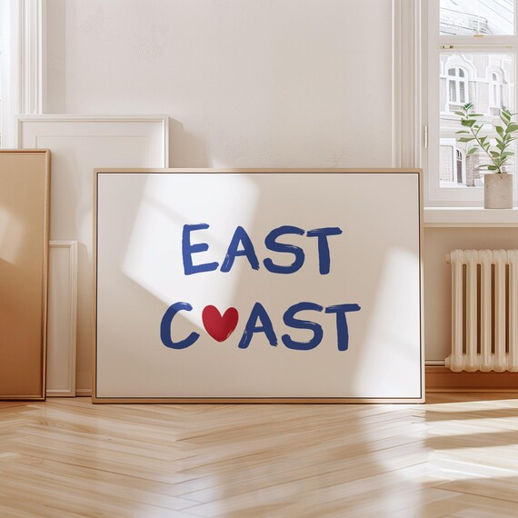 East Coast Blue Brush Lettering Red Heart Coastal Typography Poster