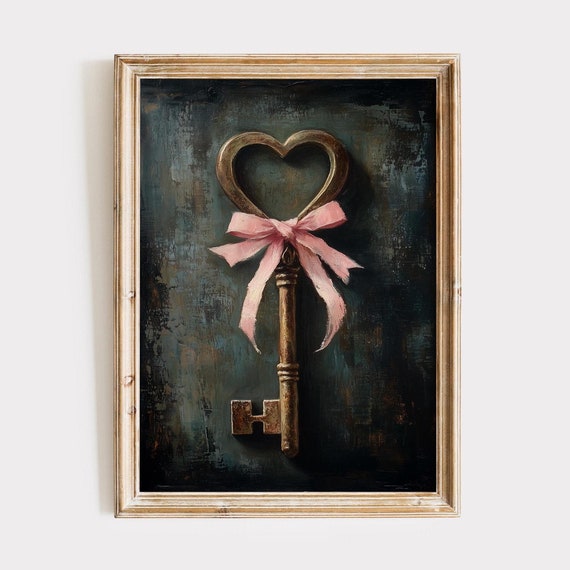 Rustic Valentines Day Print Gold Heart Key Valentines Day Wall Art Trendy Valentines Day Moody Valentines Prints
