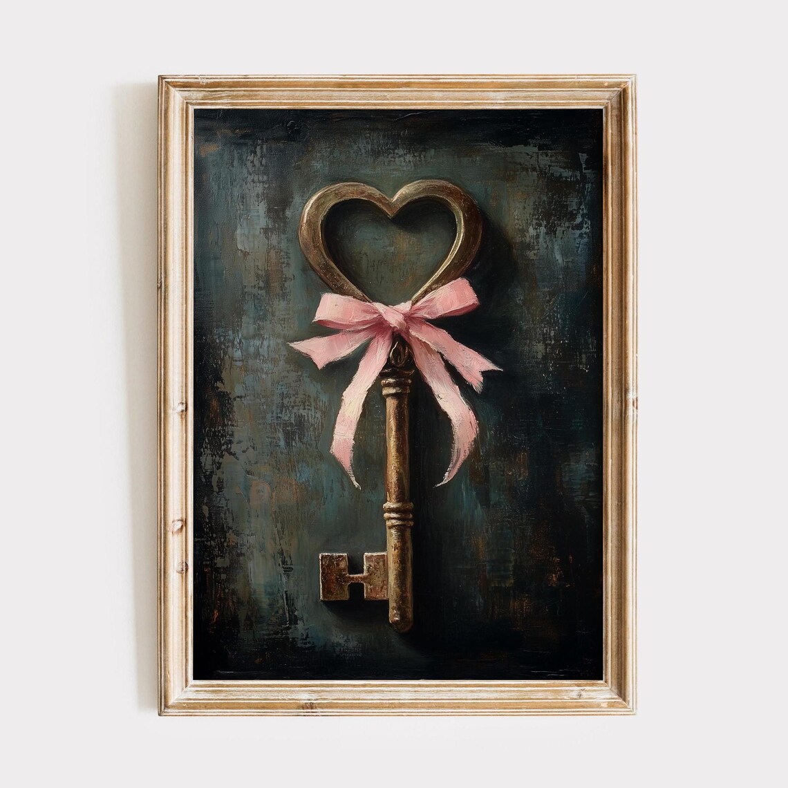 Vintage Heart Shaped Key Pink Bow Moody Oil Painting Art Poster