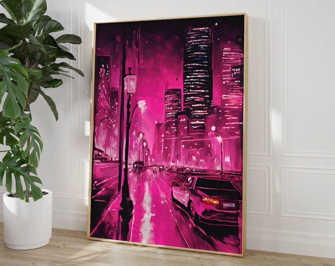 Pink Rainy City Street Night Lampposts Car Cinematic Scene Poster