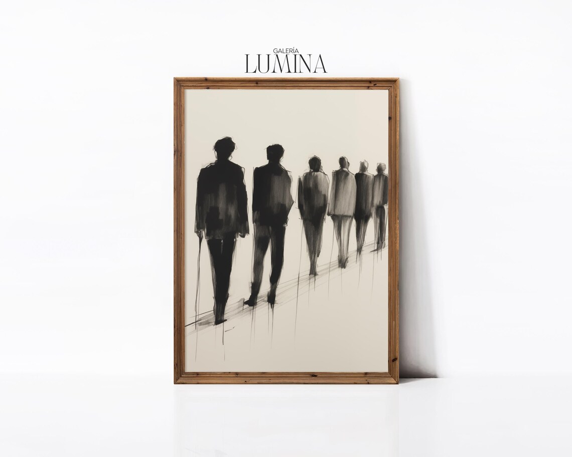 People in Line, Minimalist Charcoal Line Art Print - Image 3