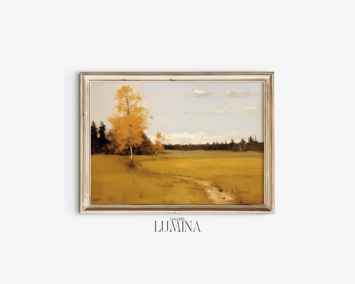 Golden Autumn Birch Meadow Muted Landscape Oil Painting Poster - Image 2