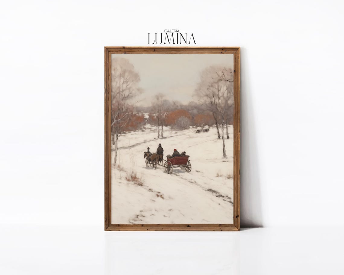 Horse Drawn Wagon Crossing Snowy Winter Landscape Vintage Poster - Image 2
