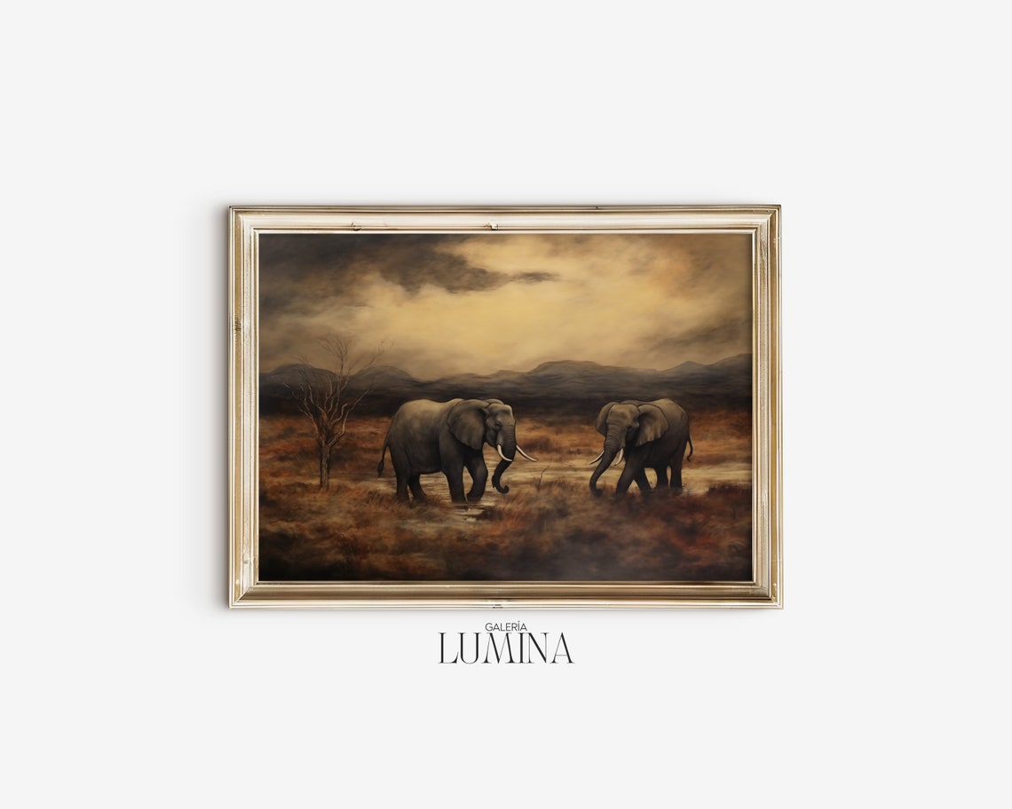African Savannah Elephants Original Oil Painting Dark Moody Wildlife Painting Maximalist Wall Art Art Frame Tv Art 354 - Image 2