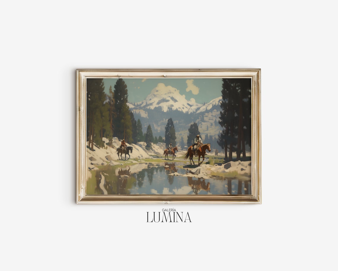 Western Cowboy Painting Southwest Landscape Wall Art Antique Oil Painting Mid Century Wall Decor Art Frame Tv Art 143 - Image 2