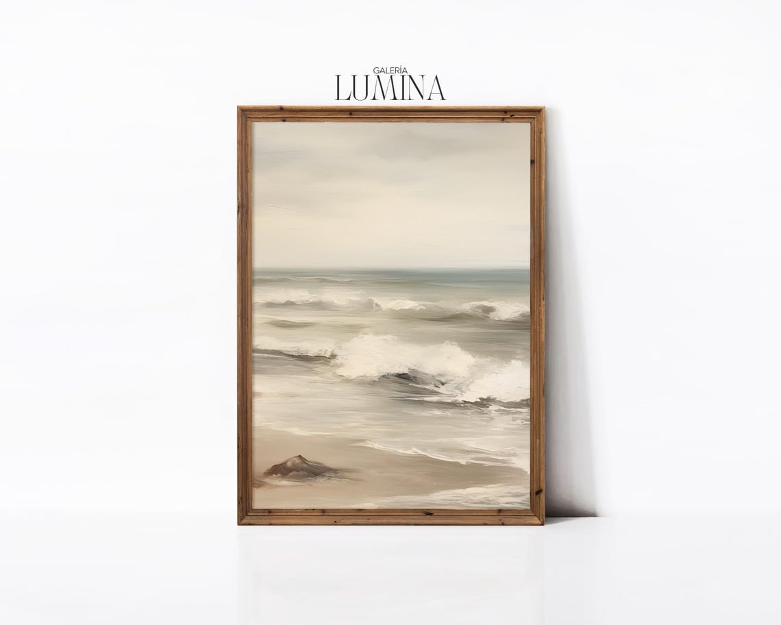 Muted Coastal Seascape With Foamy Waves Beach Painting Poster - Image 2