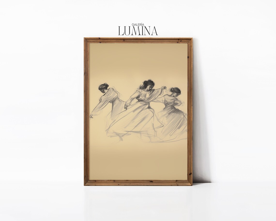 Three Women Dancing Vintage Charcoal Figure Drawing Sketch Poster - Image 3
