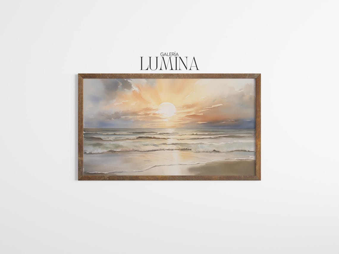 Golden Ocean Sunset with Sun Rays Over Waves Watercolor Poster - Image 3