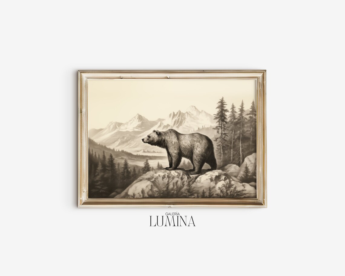 Grizzly Bear Mountain Peak Monochrome Wildlife Pencil Drawing Poster - Image 2