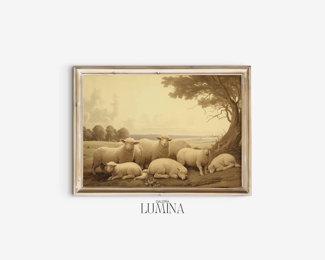 Sheep and Lambs Countryside Rustic Landscape Art Print - Image 2