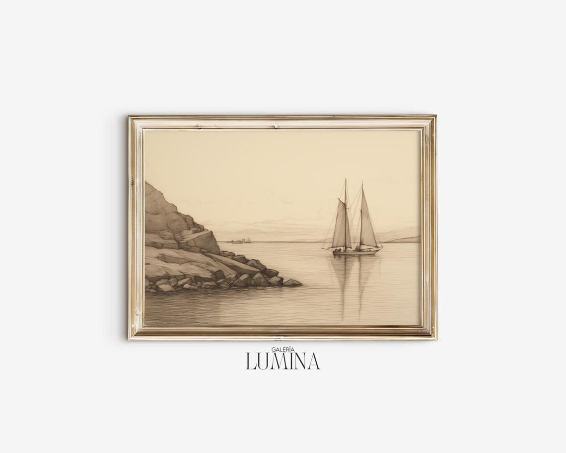 Vintage Sailboat Pencil Drawing Antique Muted Nautical Drawing Lake House Coastal Sailing Boat Print Art Frame Tv Art 453 - Image 2