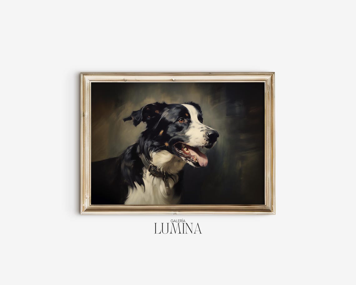 Border Collie Dog Oil Painting Vintage Black And White Dog Painting Animal Profile Portrait Painting Art Frame Tv Art 376 - Image 2