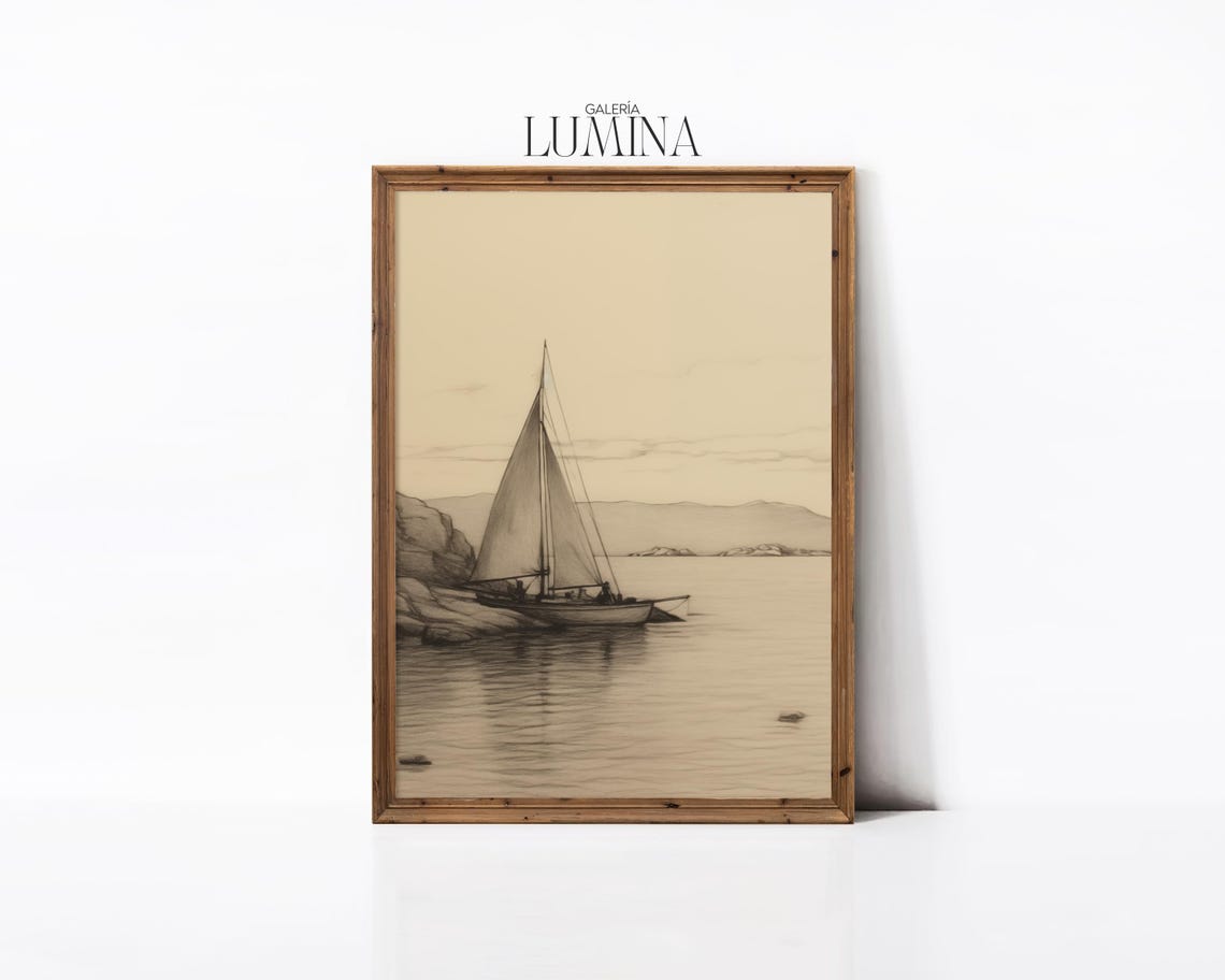 Antique Pencil Drawing Sailboats On Quiet Coastal Water Poster - Image 3