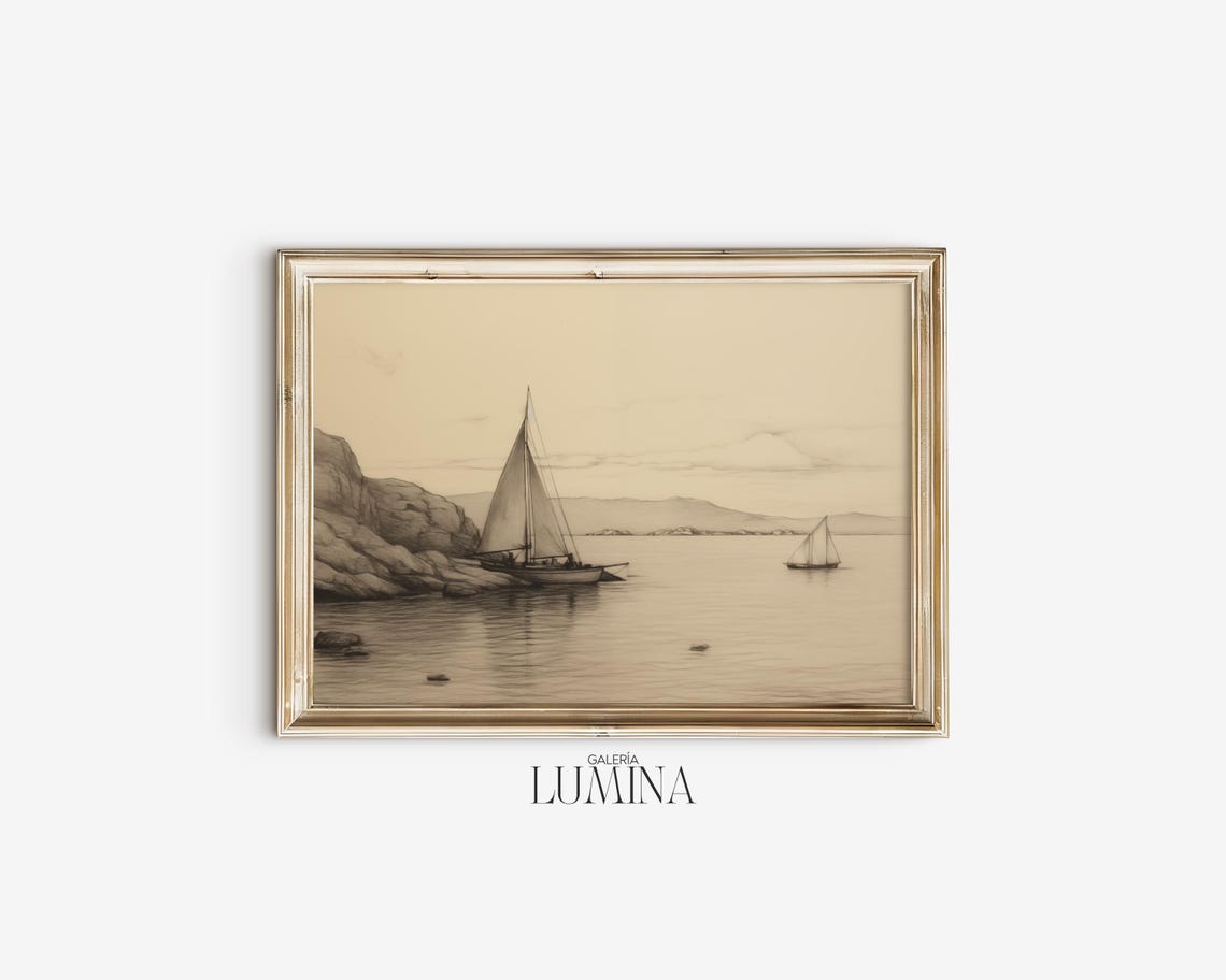 Vintage Sailboat Pencil Drawing Antique Muted Nautical Drawing Lake House Coastal Sailing Boat Print Art Frame Tv Art 408 - Image 2