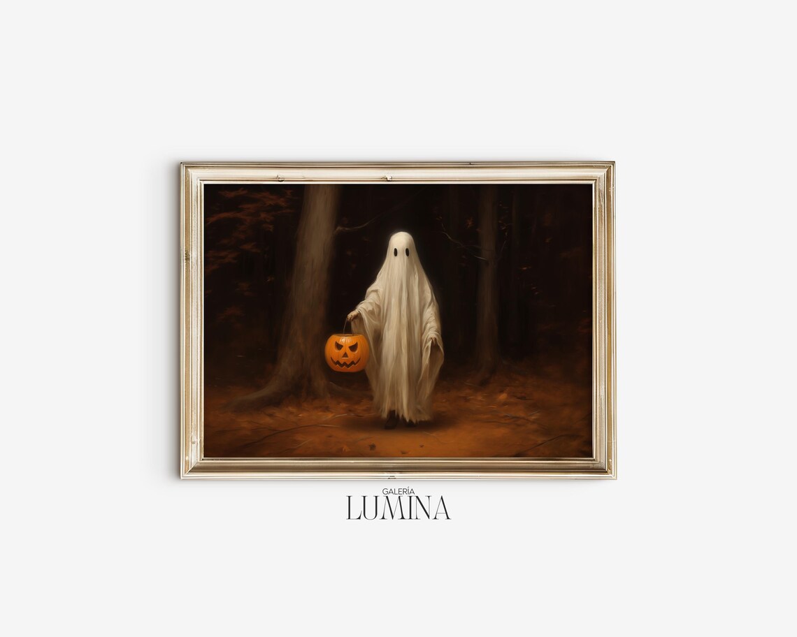 Ghost with Pumpkin Bucket Dark Forest Halloween Painting Poster - Image 2