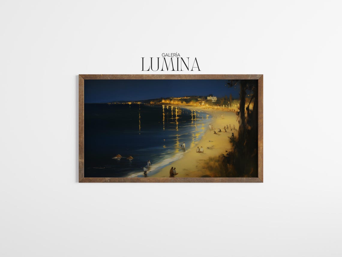 Moonlit Beach at Night Glowing Town Lights Figures on Shore Poster - Image 3