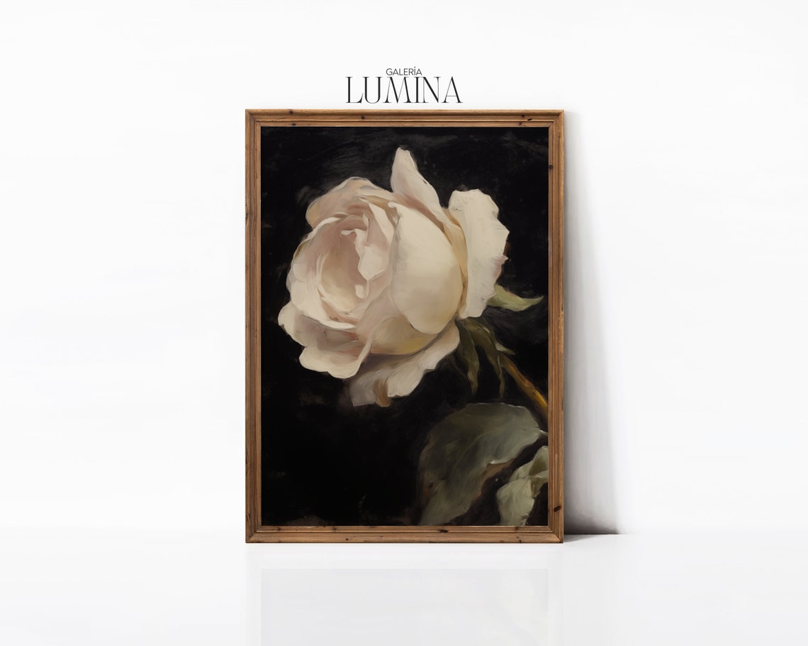 Vintage Moody White Rose Oil Painting Floral Still Life Painting Single Rose Painting Botanical Print Art Frame Tv Art 320 - Image 3