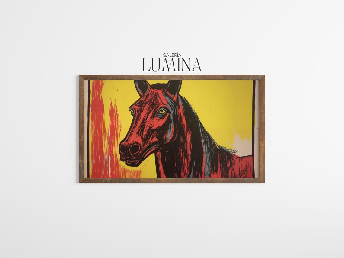 Bold Red Horse Head on Yellow Background Modern Equine Art Poster - Image 3