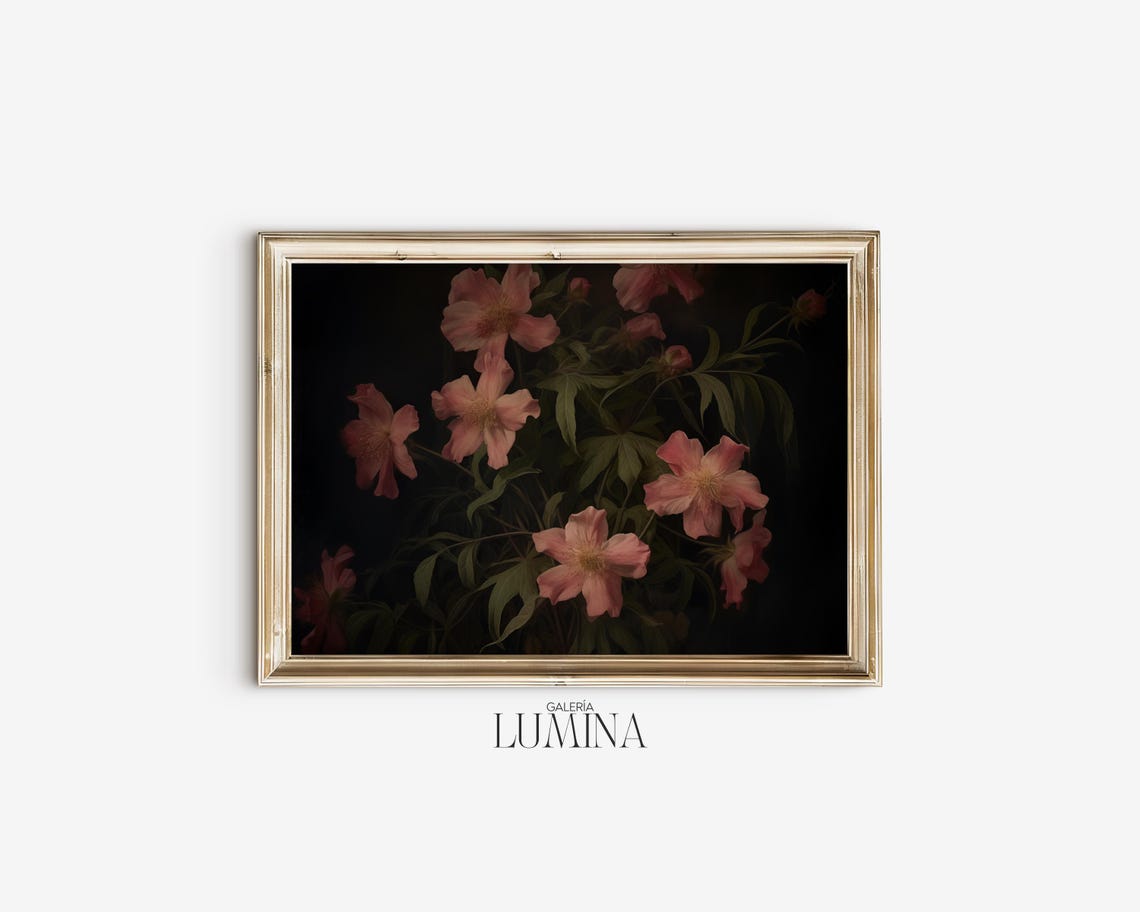Dark Pink Flowers Vintage Painting Moody Botanical Print Dark Background Floral Still Life Painting Art Frame Tv Art 415 - Image 2