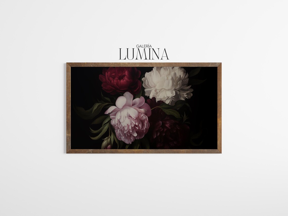 Dark Moody Peony Flowers on Black Velvet Oil Painting Art Poster - Image 3