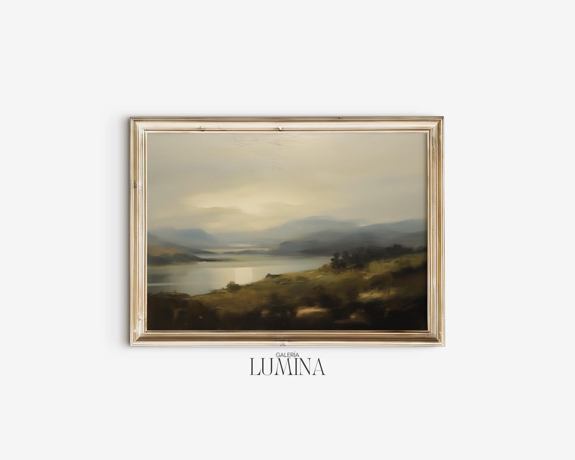 Lake Landscape Oil Painting Antique Rustic Mountain Painting Abstract Muted Colors Landscape Painting Art Frame Tv Art 572 - Image 2