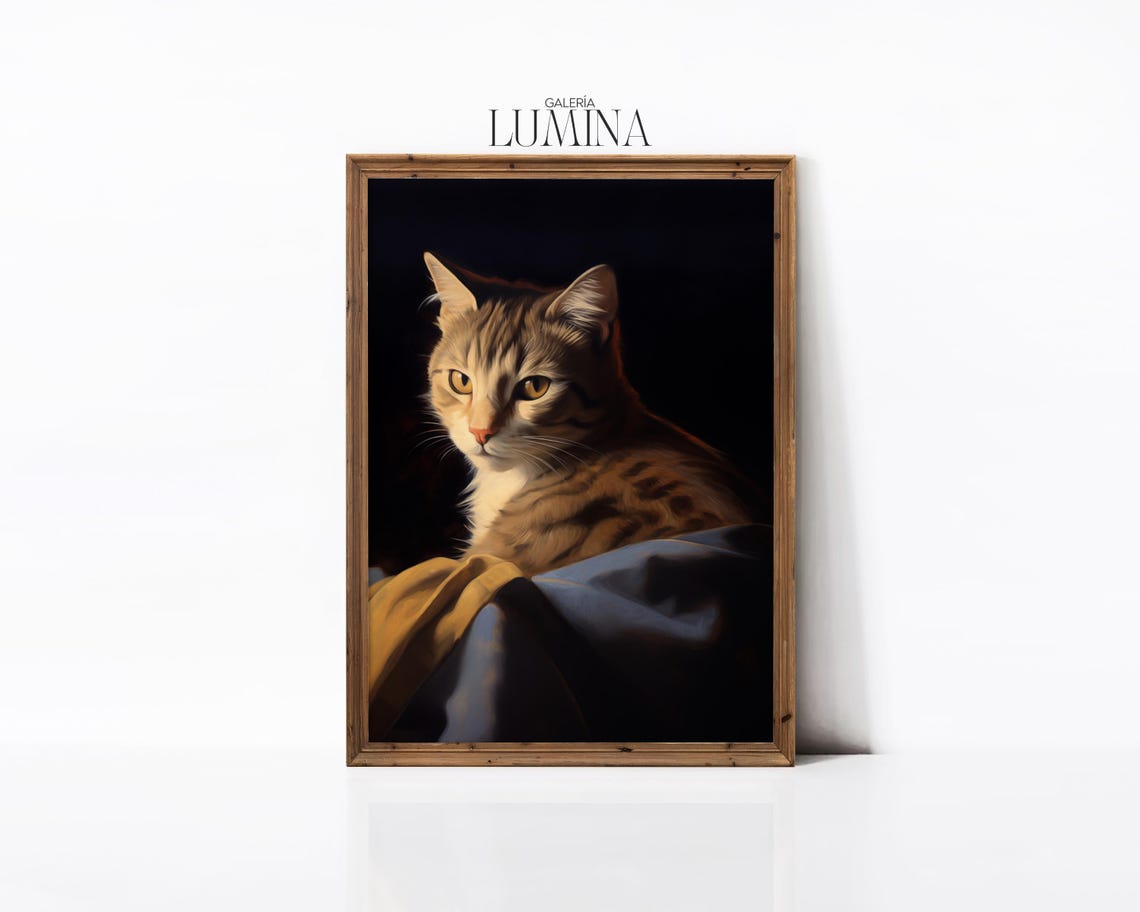 Dark Chiaroscuro Tabby Cat Portrait Draped Fabric Antique Poster - Image 2