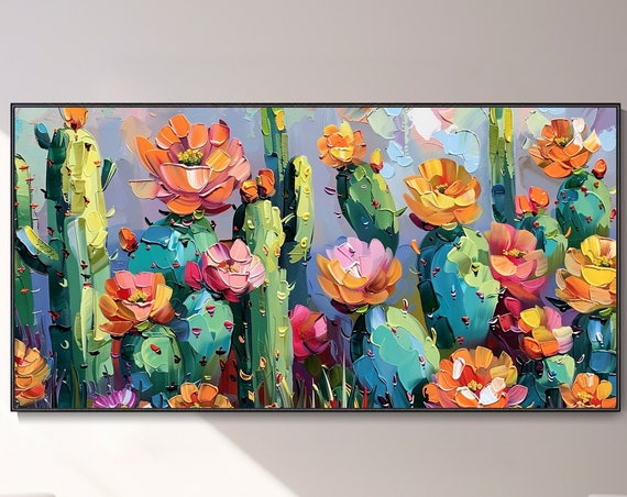 3d Hand Painted Cactus Oil Painting Abstract Tropical Green Plant Landscape Natural Flower Texture Knife Art Unique Artist Creation