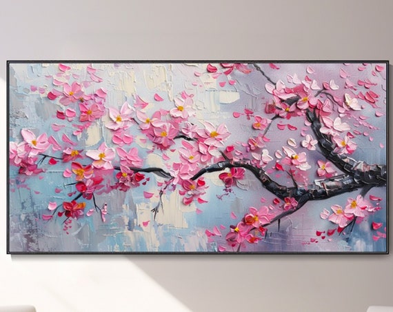 Pink Cherry Blossom Landscape Art Print, Spring Texture