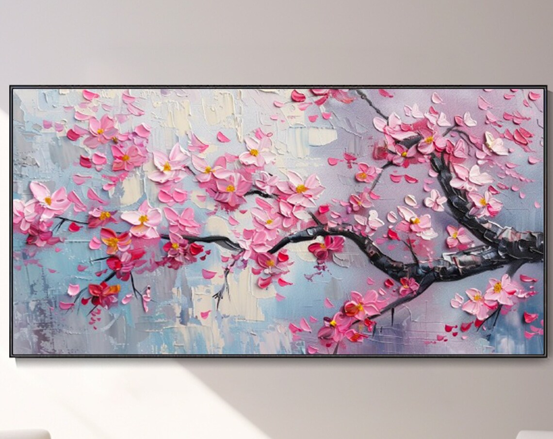 Pink Cherry Blossom Landscape Art Print, Spring Texture