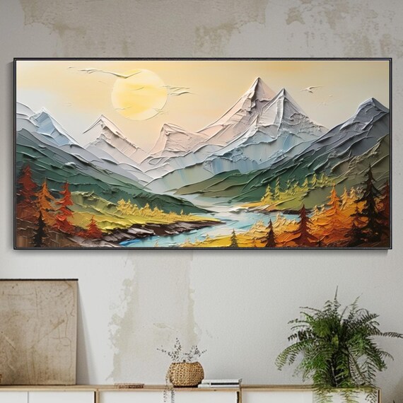 Original Oil Scenery Painting On Green Landscape River Textured Wall Art Custom Mountain Sky Cloud Art Colorful Art Room Decor