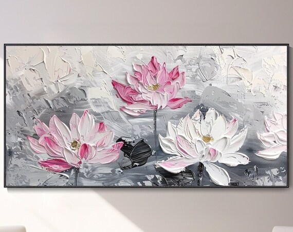 Pink White Lotus Flowers Gray Floral Texture Oil Painting Poster