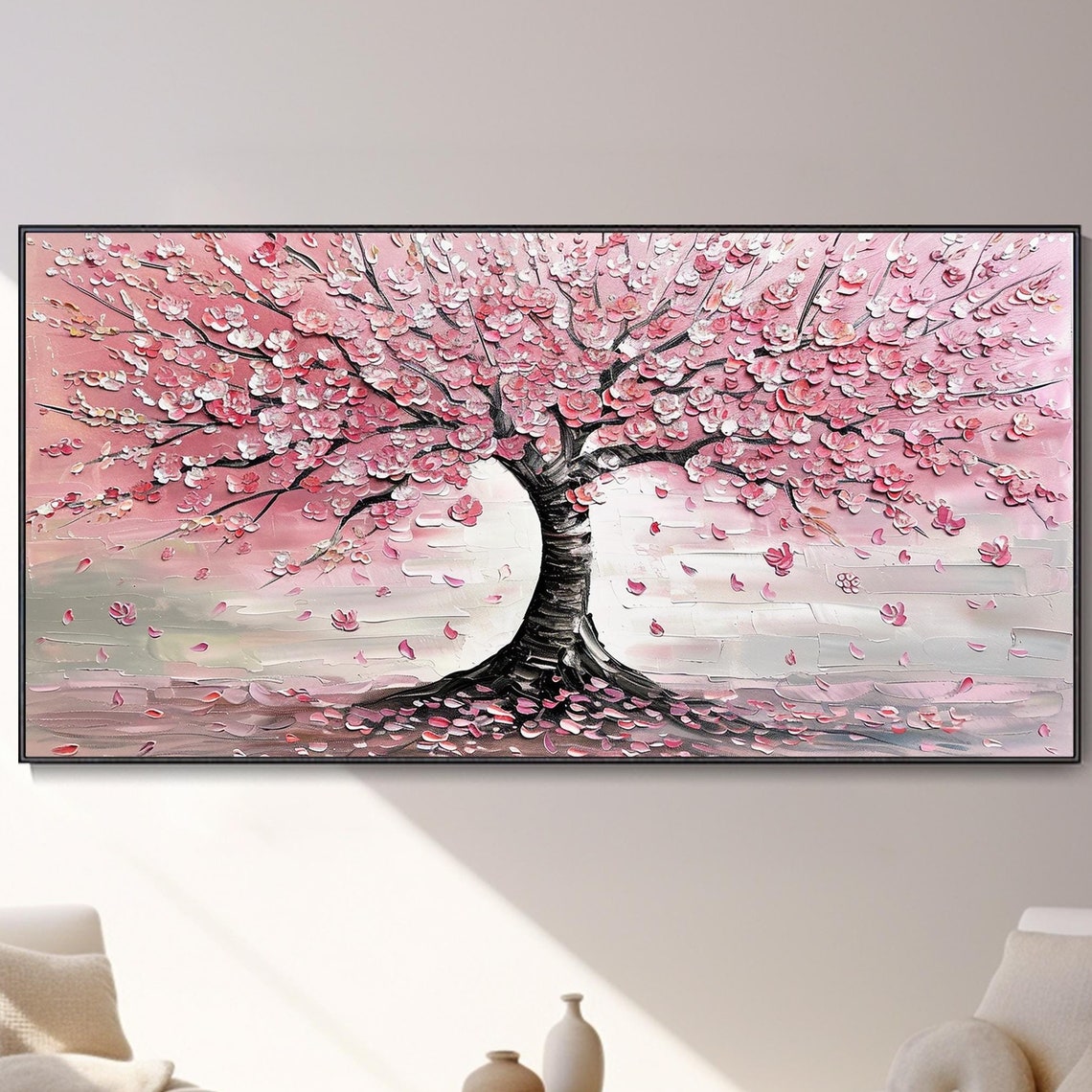 Pink Cherry Blossom Tree Falling Petals Impasto Painting Poster