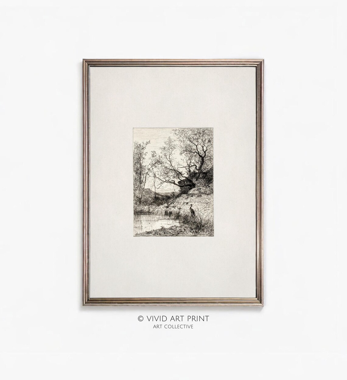 Antique Neutral Farmhouse Drawing A Pond, Art Print