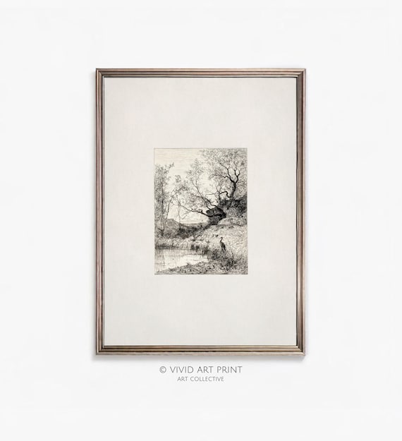 Antique Neutral Farmhouse Drawing A Pond, Art Print