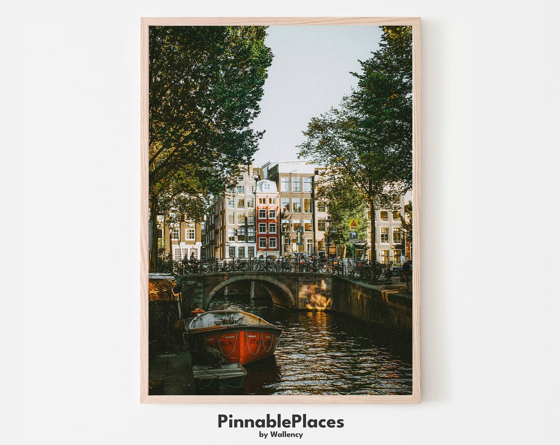 Amsterdam Canal Houses Bridge Boat Travel Photography Wall Poster