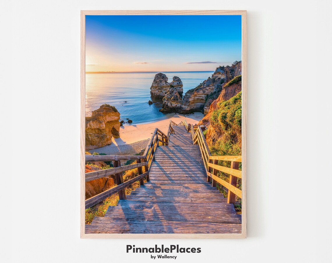 Algarve Portugal Sunset Beach Wooden Stairs Coastal Photo Poster