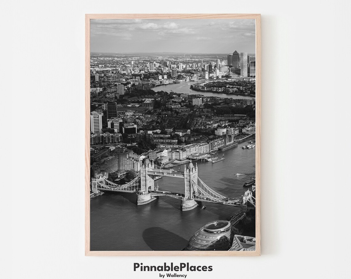 London Aerial Tower Bridge Thames Black White Photo Art Poster