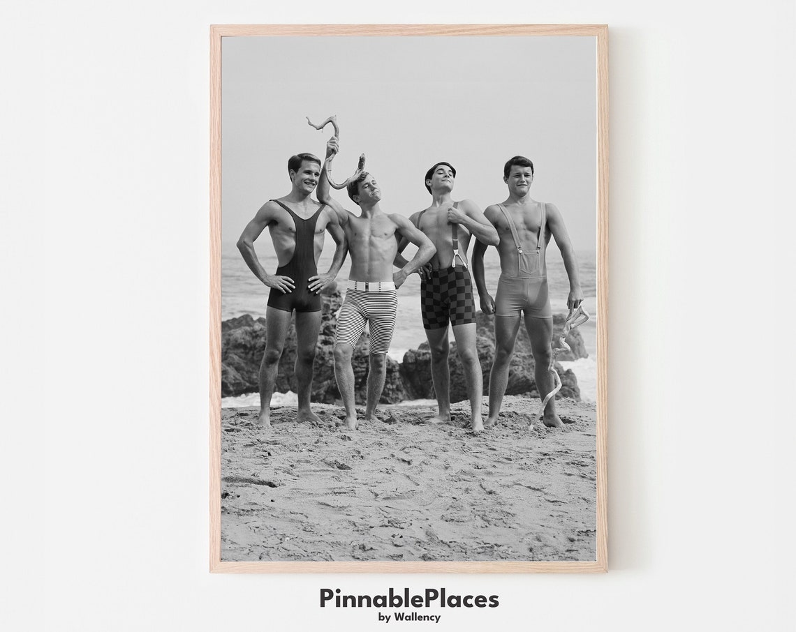 Retro Vintage Surfers Black And White Beach Photo Art Poster