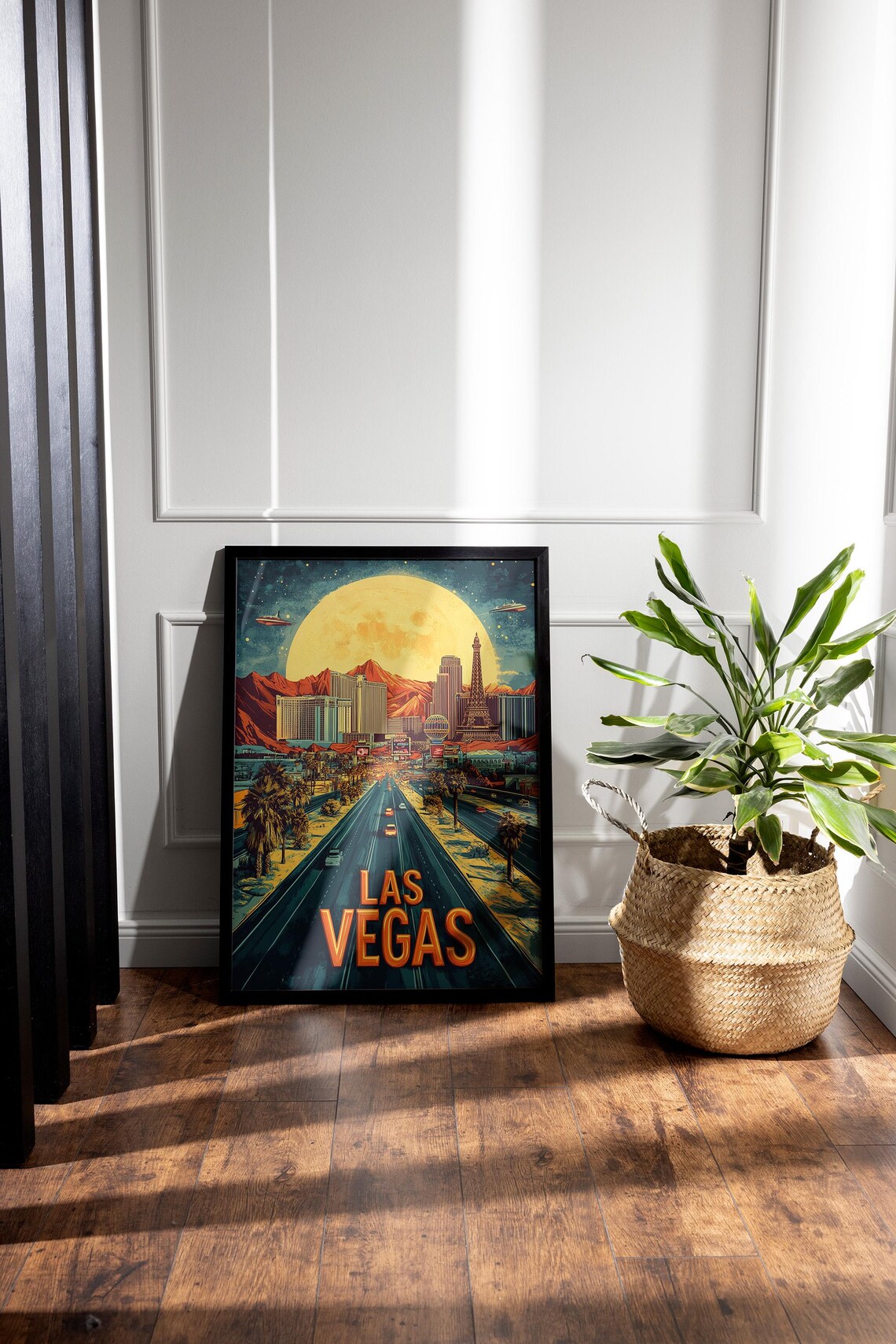 Las Vegas Night Strip Giant Moon Eiffel Tower Retro Travel Poster