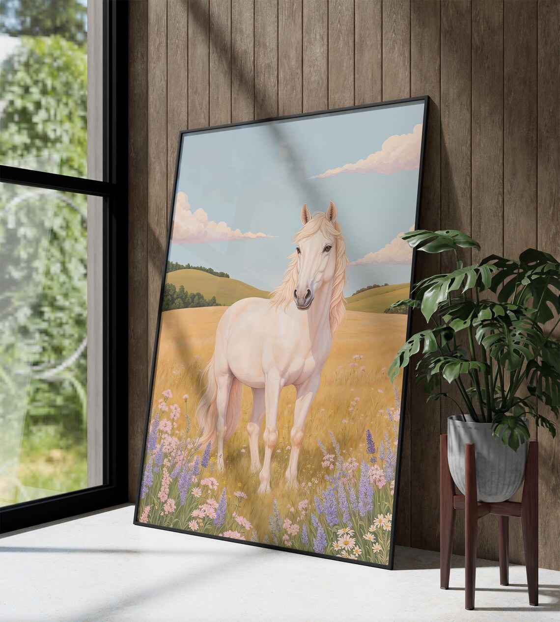 White Horse Wildflower Field Pastel Storybook Illustration Art Poster