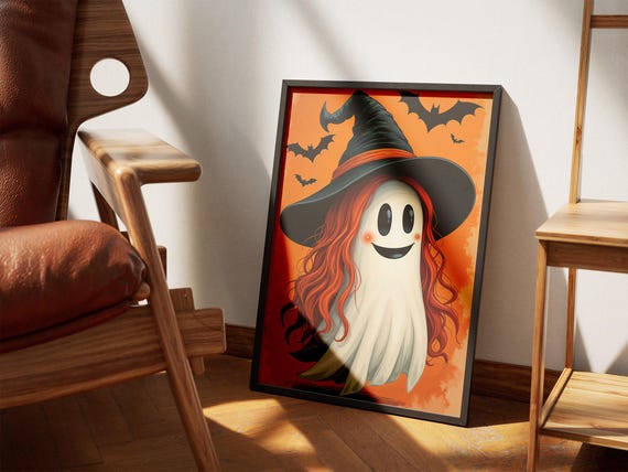 Smiling Red Haired Ghost Witch On Bright Orange Halloween Poster