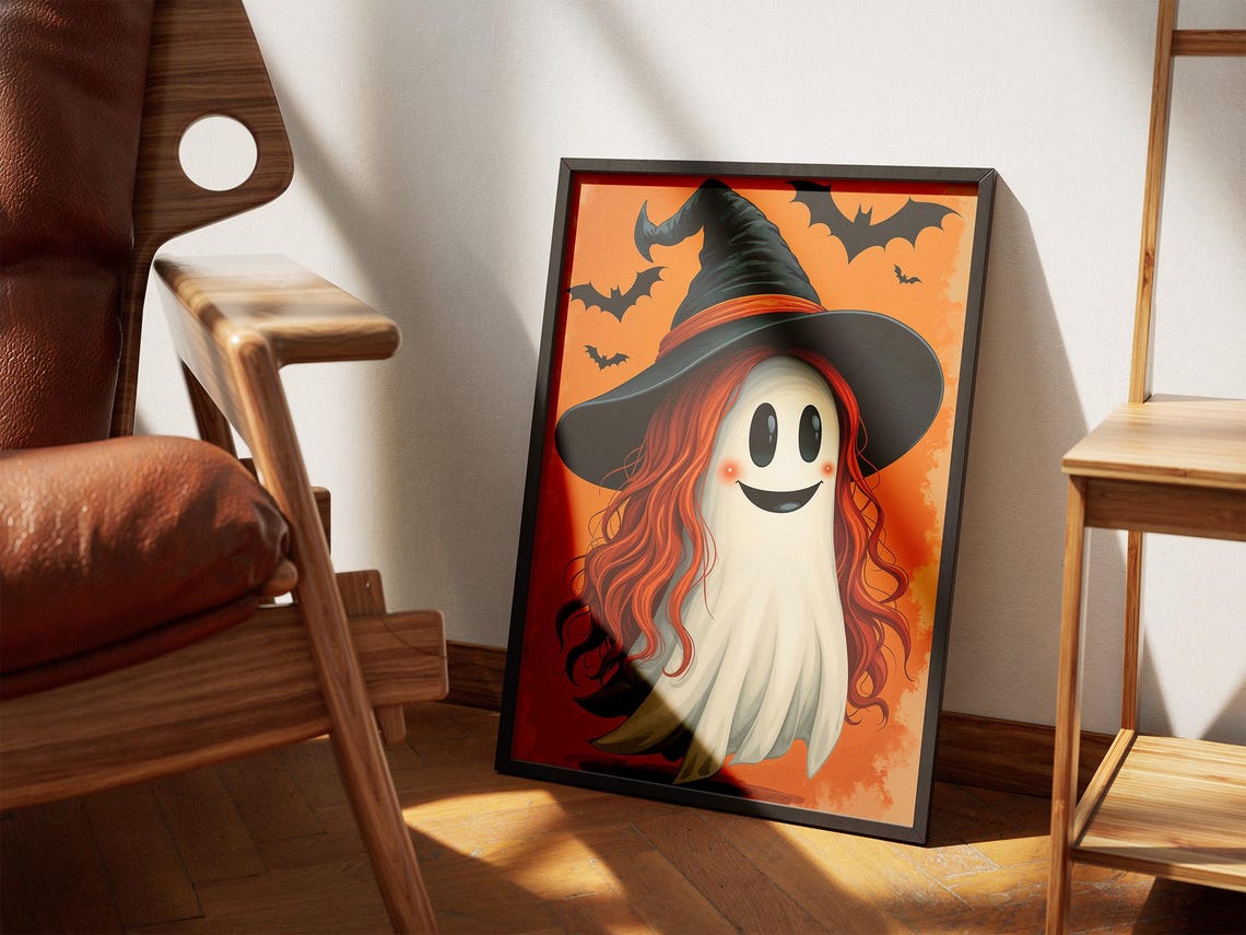 Smiling Red Haired Ghost Witch On Bright Orange Halloween Poster