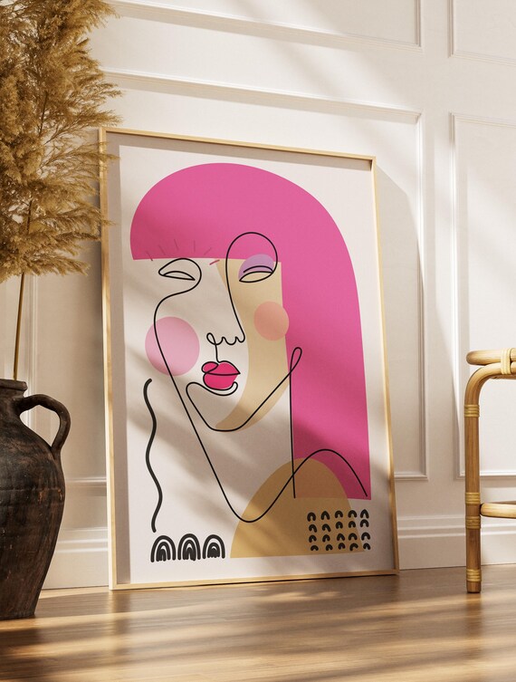 Empowered Woman Pink Hair Abstract Line Art Feminist Wall Poster