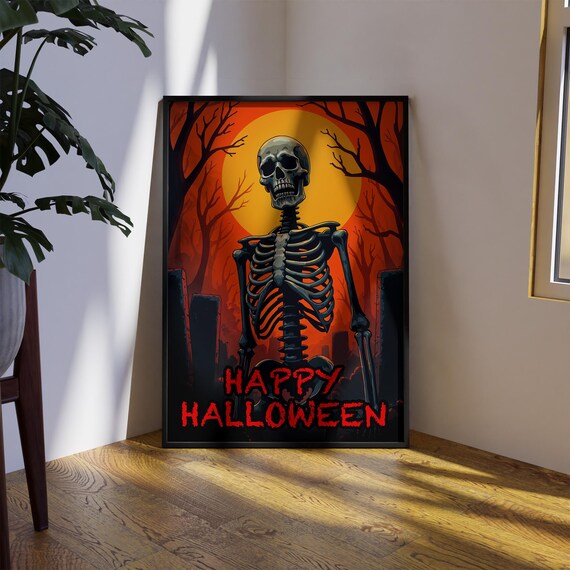 Happy Halloween Skeleton With Blood Moon Graveyard Horror Poster