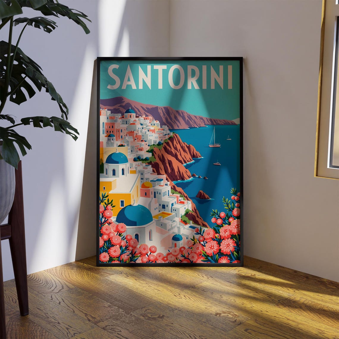 Santorini Greece Retro Travel Poster White Blue Domes Aegean Sea