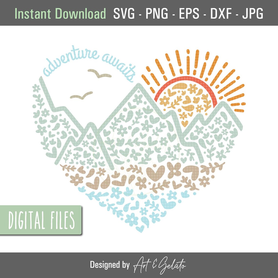 Adventure Awaits Floral Mountains Heart Outdoors Design Poster