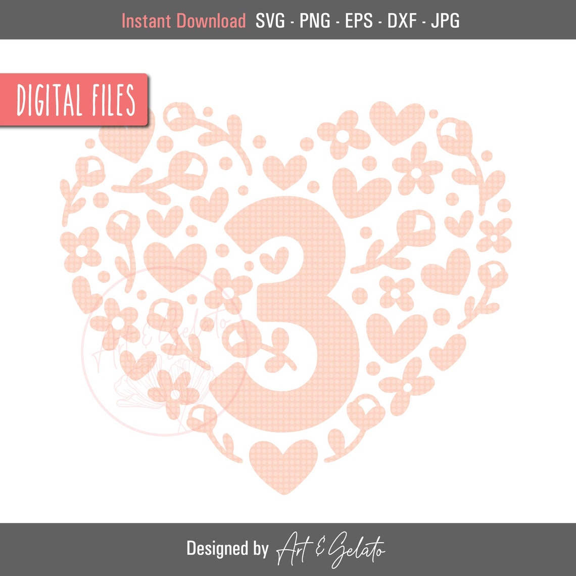 Third Birthday Number 3 Floral Heart Girl Party Decor Gift Poster