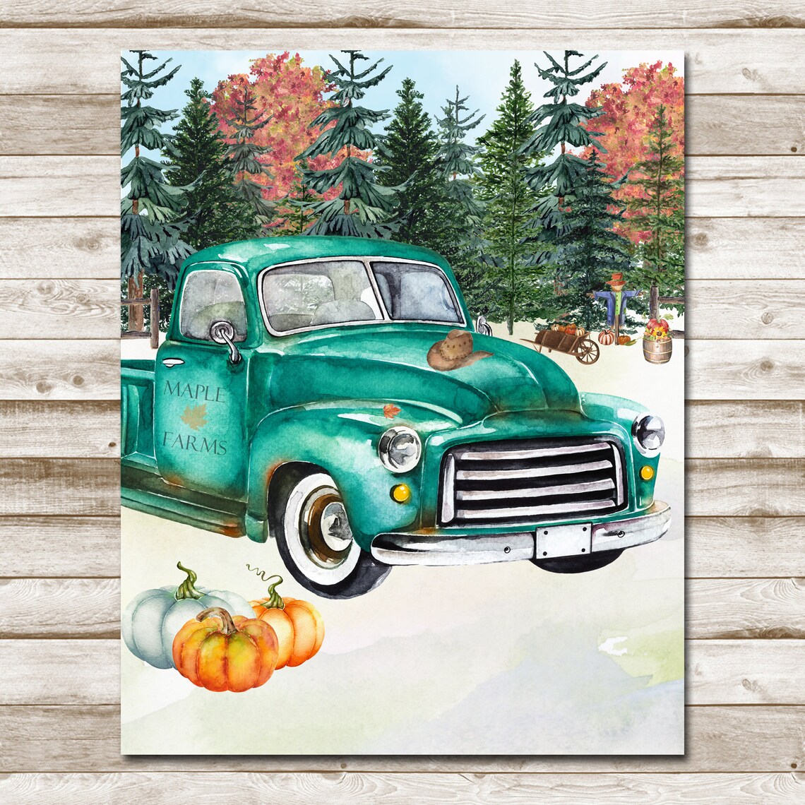 Vintage Teal Truck Maple Farms Pumpkins Fall Harvest Wall Art - Image 3
