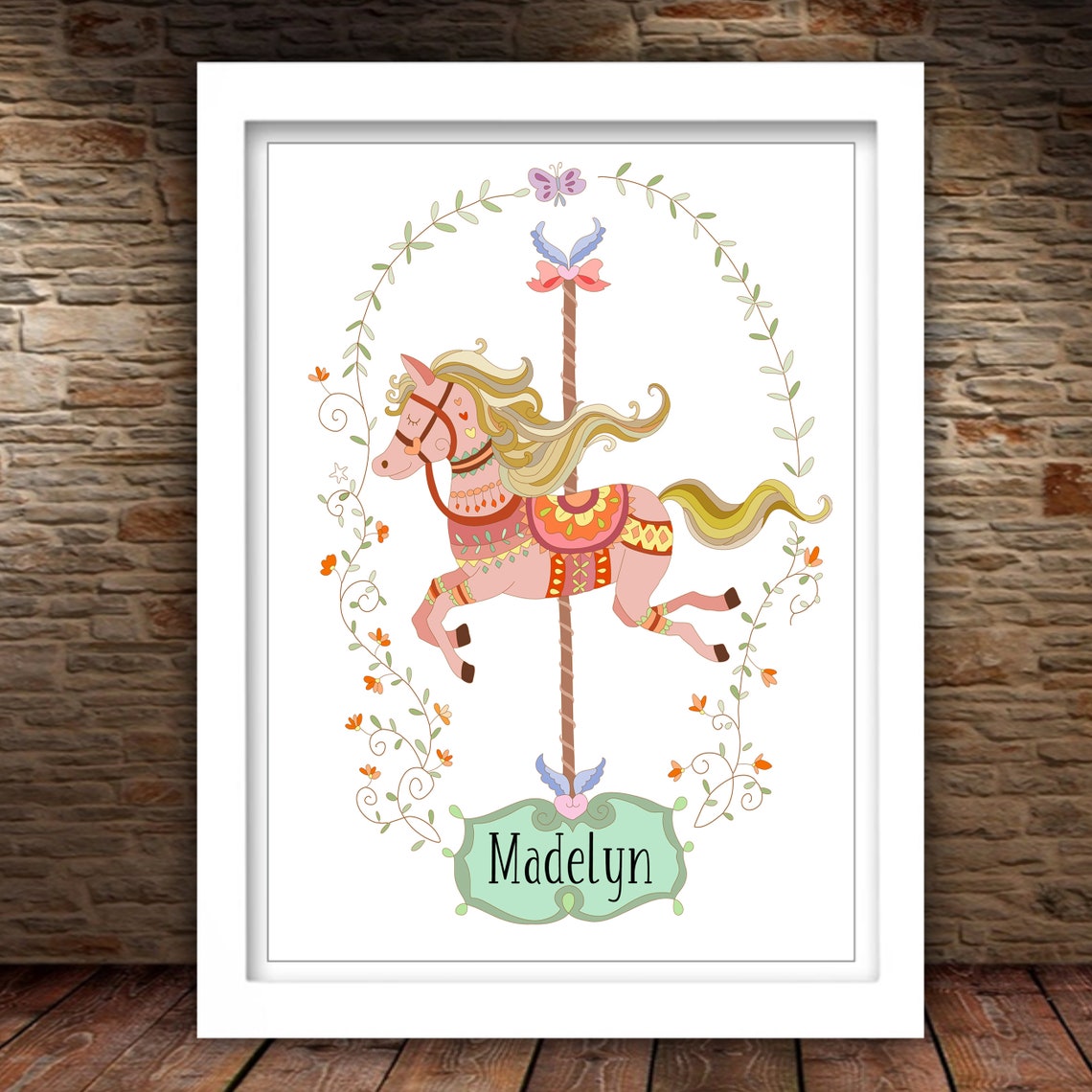Personalized Carousel Horse Nursery Watercolor Name Sign Wall Art - Image 2